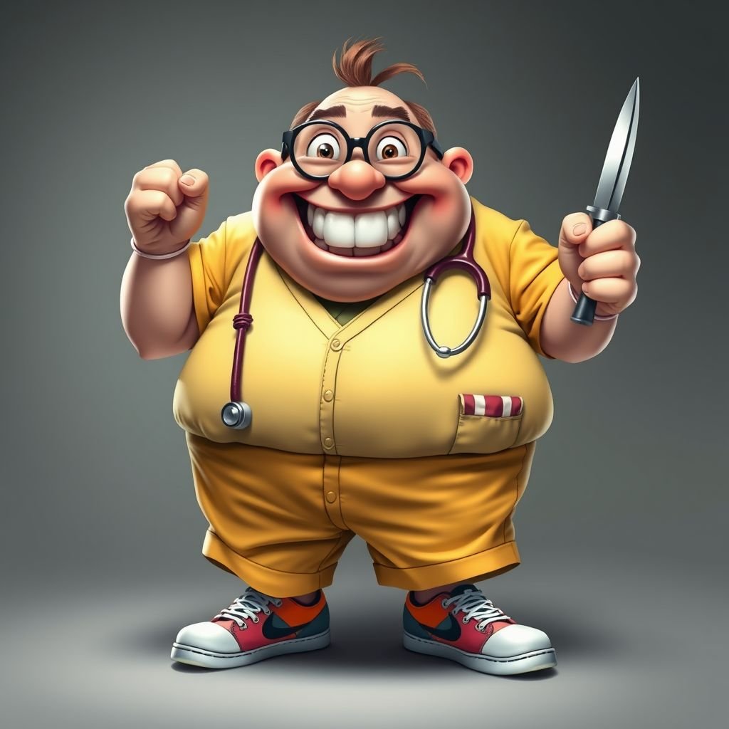 create a fat doctor. Who is funny human looking from head to toe. And he always immediately results to surgery for anything even small things. So please be sure to show his whole outfit head to toe. Make him have funny teeth