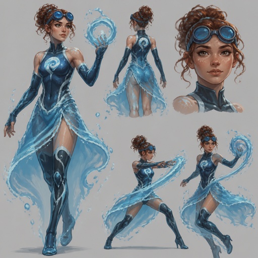 Female superhero with water powers, cool costume skirt made of water, goggles on face, freckles,multiple of the same character 