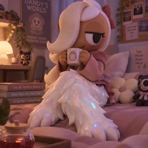 Ginger from Dandys world in her room drinking some dragonfruit tea with her legs already turned into a Opalite werewolves with her hips starting to turn 
