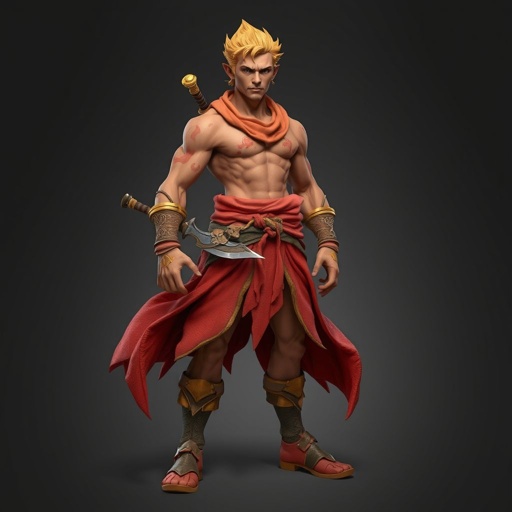 Create handsome hero Rhen the Fire – A lean, muscular man. He wears layered, flowing desert robes dyed in warm reds and golds, with scorch marks where flames have licked them. A curved blade hangs at his hip. Show whole body head to toe including her shoes.