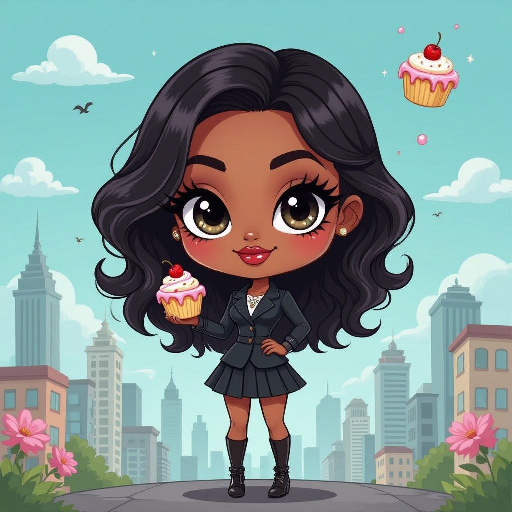 Create a chibi character mid 30’s lady who is a city girl, make her kinda dark skin