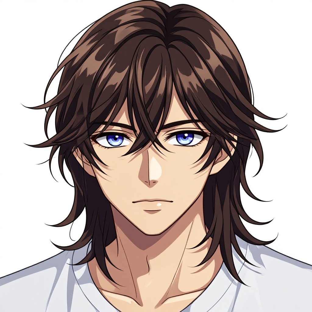 A male character, maybe OC that's based on the BL Manhwa "Dark Fall" with long but slightly wavy hair with bangs that covers his right eye, light brown skin, and light cornflower blue eyes that almost look like they're Leon's beautiful violet eyes.