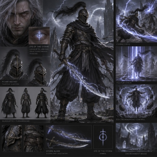 lightning dark knight, plume helmet, grey hair, eye of the storm mark, baggy pants, scar eye, teleportation ability, storm creation, lightning curved sword, electromagnetism manipulation