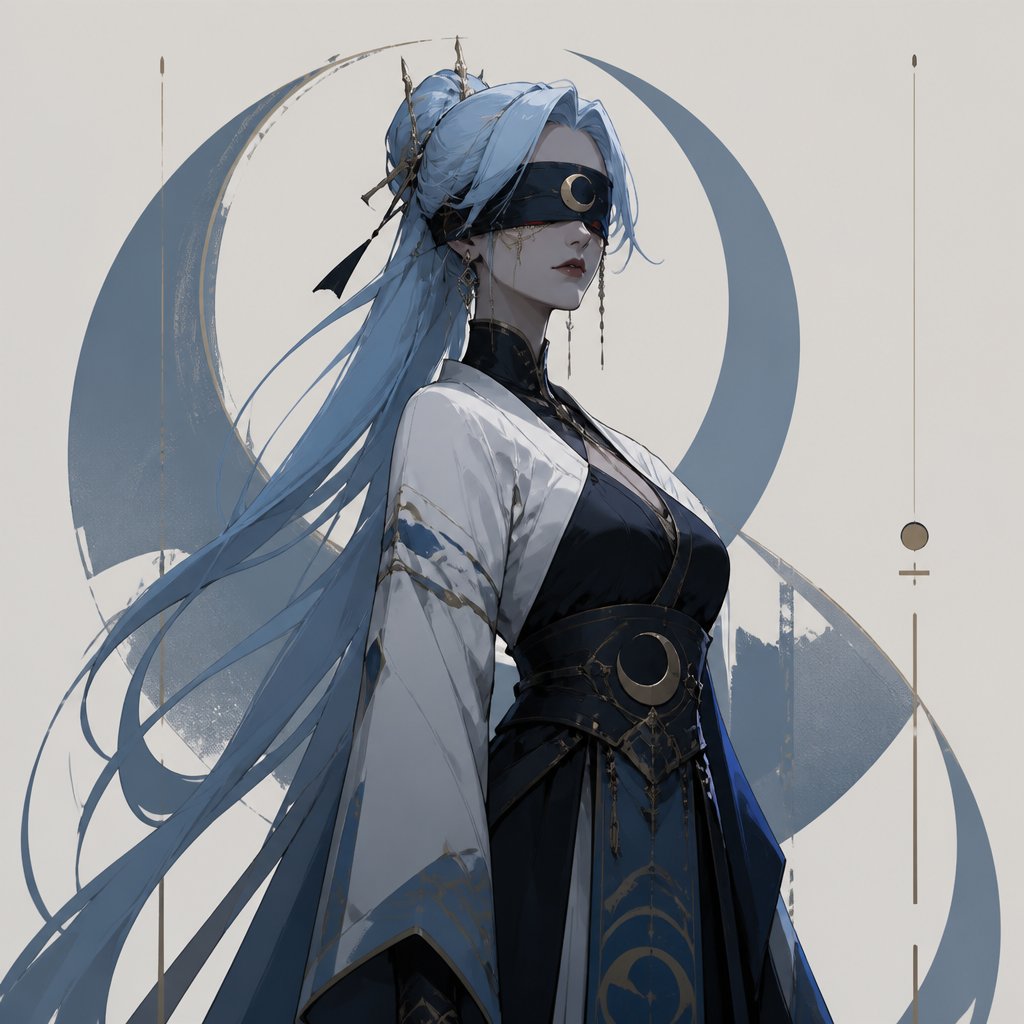female with moon on blind fold light blue hair red eyes