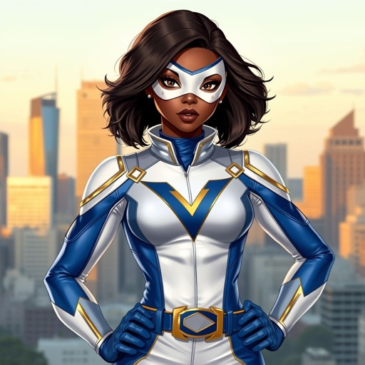 A teenage African American female superhero wearing a domino style mask with slightly curly hair in a shoulder length side part style  wearing a polyester and leather White and blue suit with gold accents blue pants and a stylized V as her chest emblem a utility belt and blue boot heel less standing in Philadelphia  