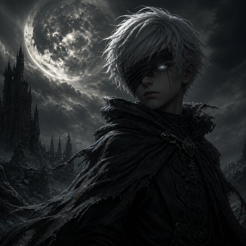 moon boy white hair blind fold black cape moon eye