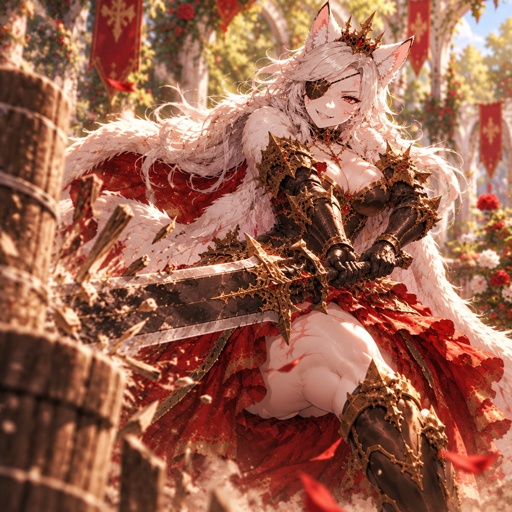 a woman dressed in white and red holding a sword