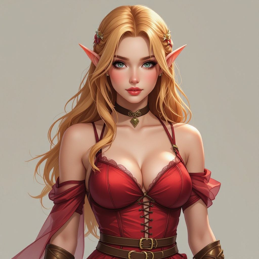 A Strawberry Blonde High Elf Assassin in a tight organza outfit she is very clumsy