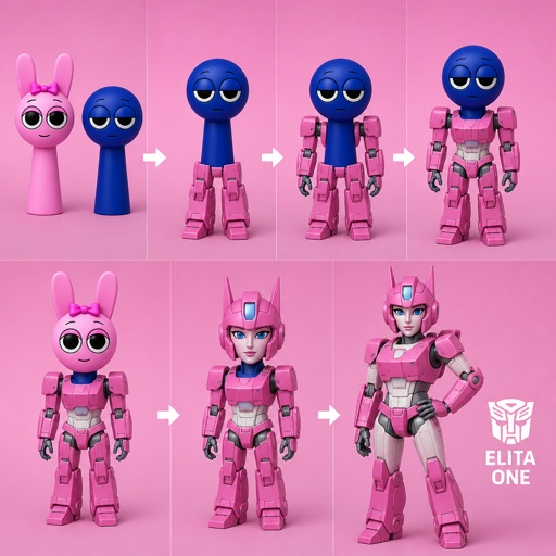 Pinki from Sprunki as Elita One merging her legs onto Jevin from Sprunki and then her arms and then her Body and lastly her head and helmet