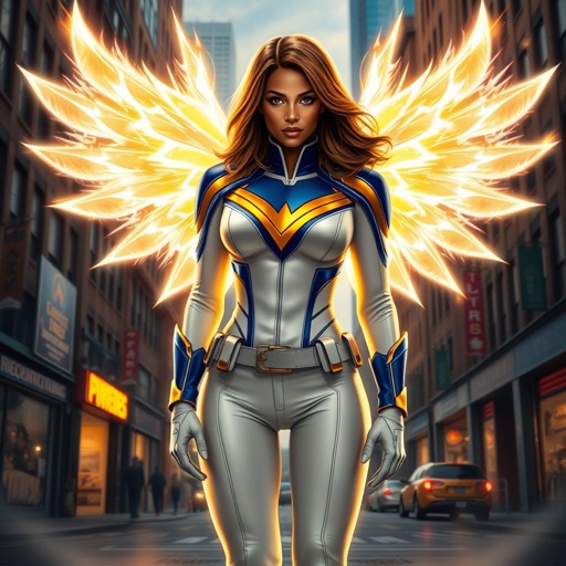 African American female superhero with brown hair with gold highlights in a shoulder length side part hairstyle with pure Gold Glowing eyes wearing a white suit with gold and royal blue  with white pants and gold and white knee length boots with a utility belt with a gold V  as her chest emblem with glowing  wings made of white fire in Philadelphia 