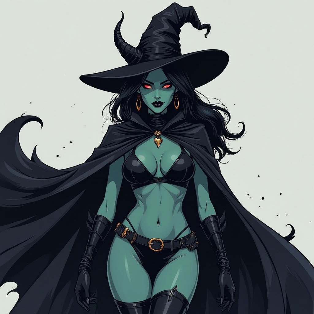 sexy shadow demon witch gypsy slate grey skin large black billowing cloak that emits darkness and shadow. Two piece. Witches Hat. Demon horns