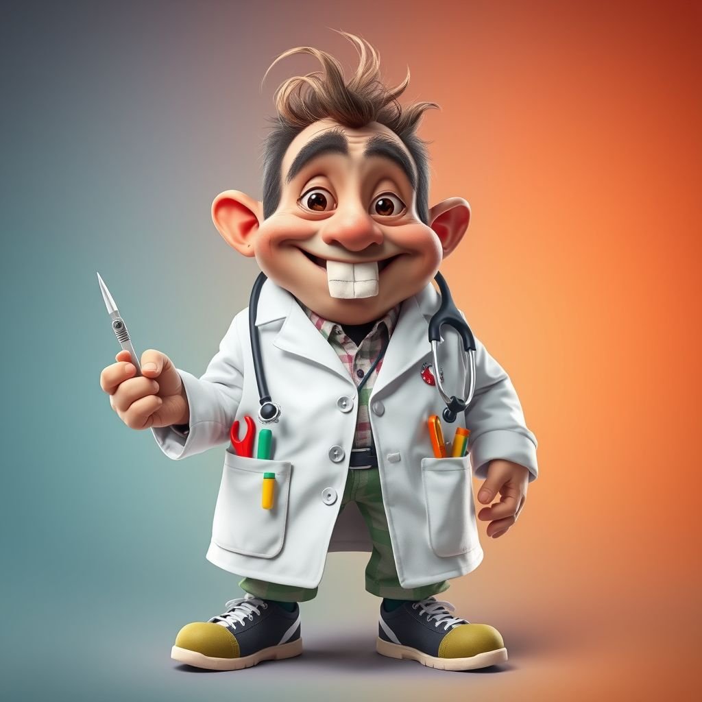 create a doctor. Who is funny human looking from head to toe. And he always immediately results to surgery for anything even small things. So please be sure to show his whole outfit head to toe. Make him have only 1 tooth