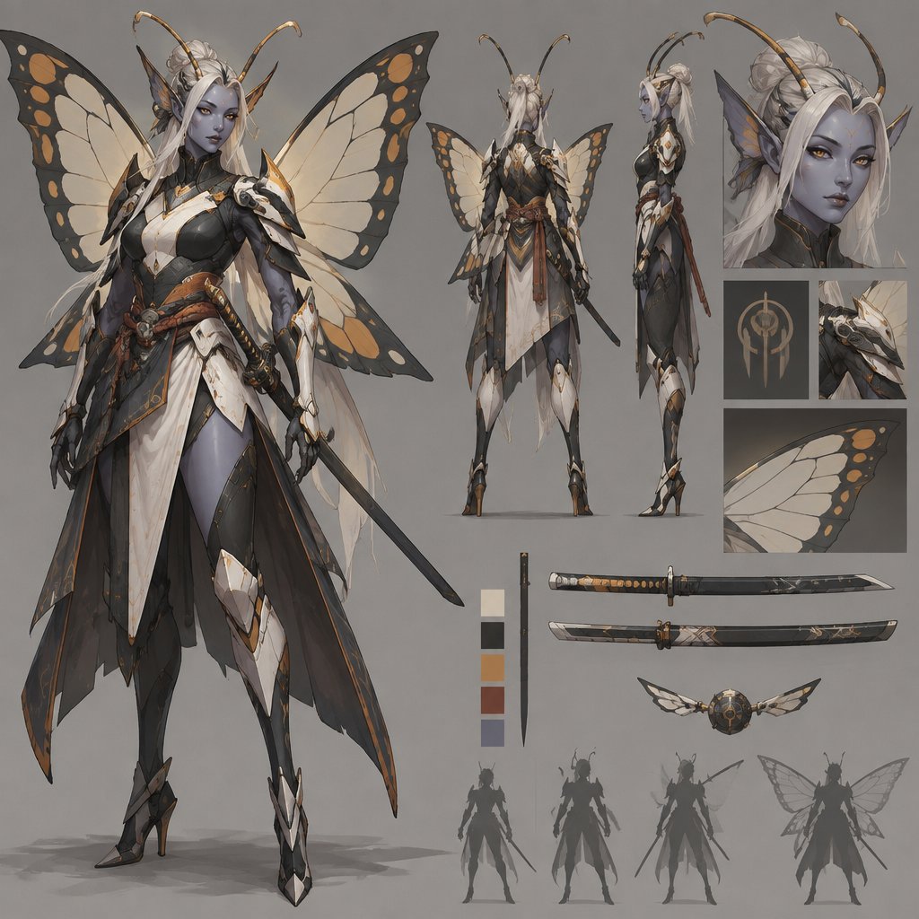A gorgeous alien butterfly woman in a futuristic space samurai armor. Show whole body.