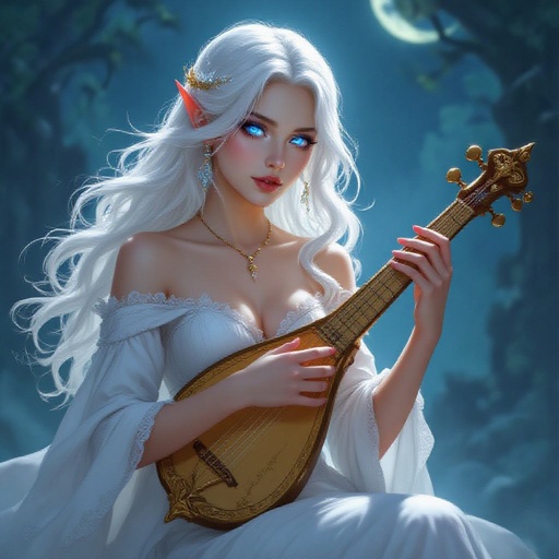 Isabella, The Moonlit Redeemer, White hair, blue eyes, very short dress, playing the lyre was born into a noble vampire lineage, but from a young age, she felt a deep connection to the natural world and a longing to use her powers for good. As she came of age, Isabella witnessed the cruelty and suffering inflicted by her own kind, and her heart was filled with a profound empathy for the cursed and the fallen. Driven by this compassion, she embarked on a journey to seek out those trapped in the throes of darkness, offering them a chance at redemption and a path to healing. With her alluring yet gentle nature, Isabella became a beacon of hope, earning the titles of "The Empress of Empathy" and "The Queen of the Night Garden." Her moonlit grotto, a sanctuary of tranquility and acceptance, became a haven for those seeking to break free from their cursed existence, and her embrace, both comforting and transformative, guided them towards a future of peace and redemption.