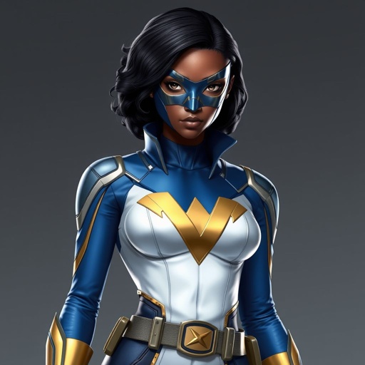 A teenage African American female with shoulder length curly hair  in a side part style superhero  wearing a MASK and a slightly armored white and blue suit with blue pants gold accents and a stylized V as her chest emblem a utility belt and gold boots
