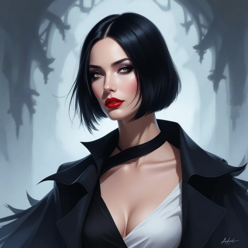Show character head to toe. Create a mid age mysterious woman jet-black hair is cut sharpand her eyes seem to pierce through darkness. A shadowy aura clings to her form,