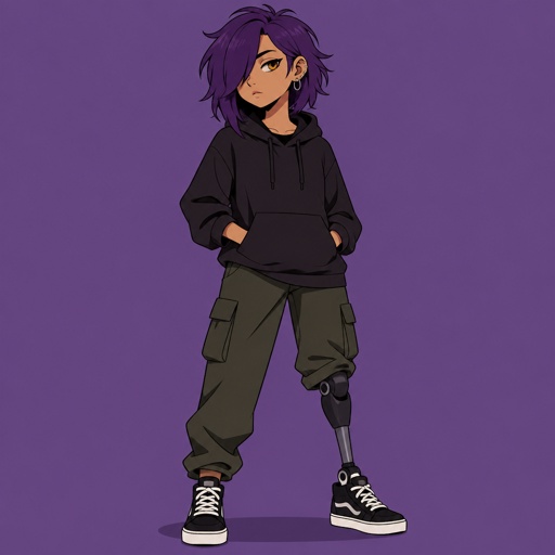 Male,Asian,purple hair a bit messy sticking up a bit on the top sticks up less on the left side right side has more hair part of right side is drooping over covering his ear and a little bit of his face a little bit of his hair is in the middle of his forehead the left side of his hair sticks up a little more neck length,has ear piercing,brown yellowish eyes,has a prosthetic leg on the left side