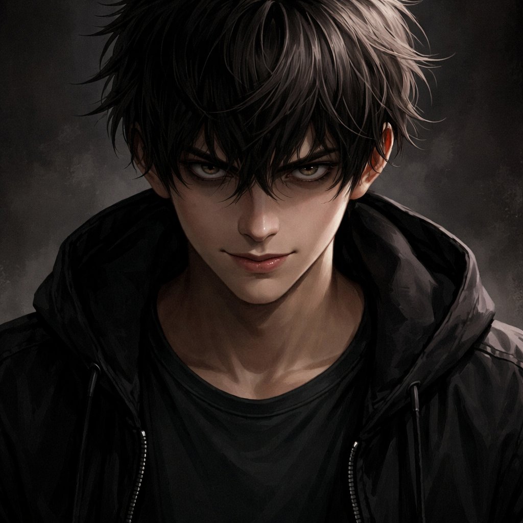 A 19 year boy man who has messy black hair and dark brown eyes. He looks evil.