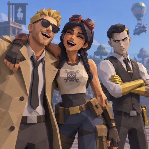 Jones from Fortnite sunglasses stubble tan trench coat , Jules from Fortnite, arm around shoulder, Midas from Fortnite arms crossed angry, Jules and jones are laughing 