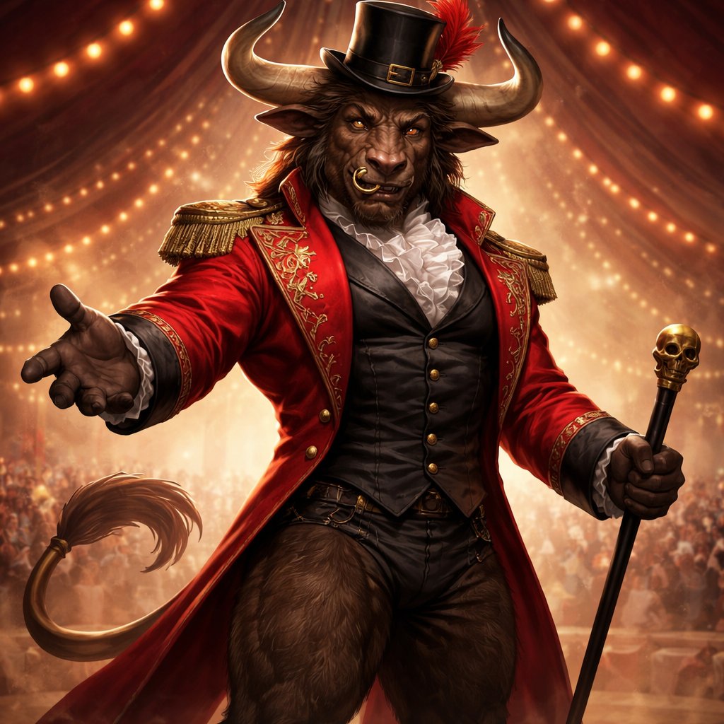 A male medium brown Minotaur with cattle like brown eyes, large powerful gleaming horns like his fathers, a well~proportioned figure/body at lest 6 foot tall, long tail. He works at freak show as the ringmaster.