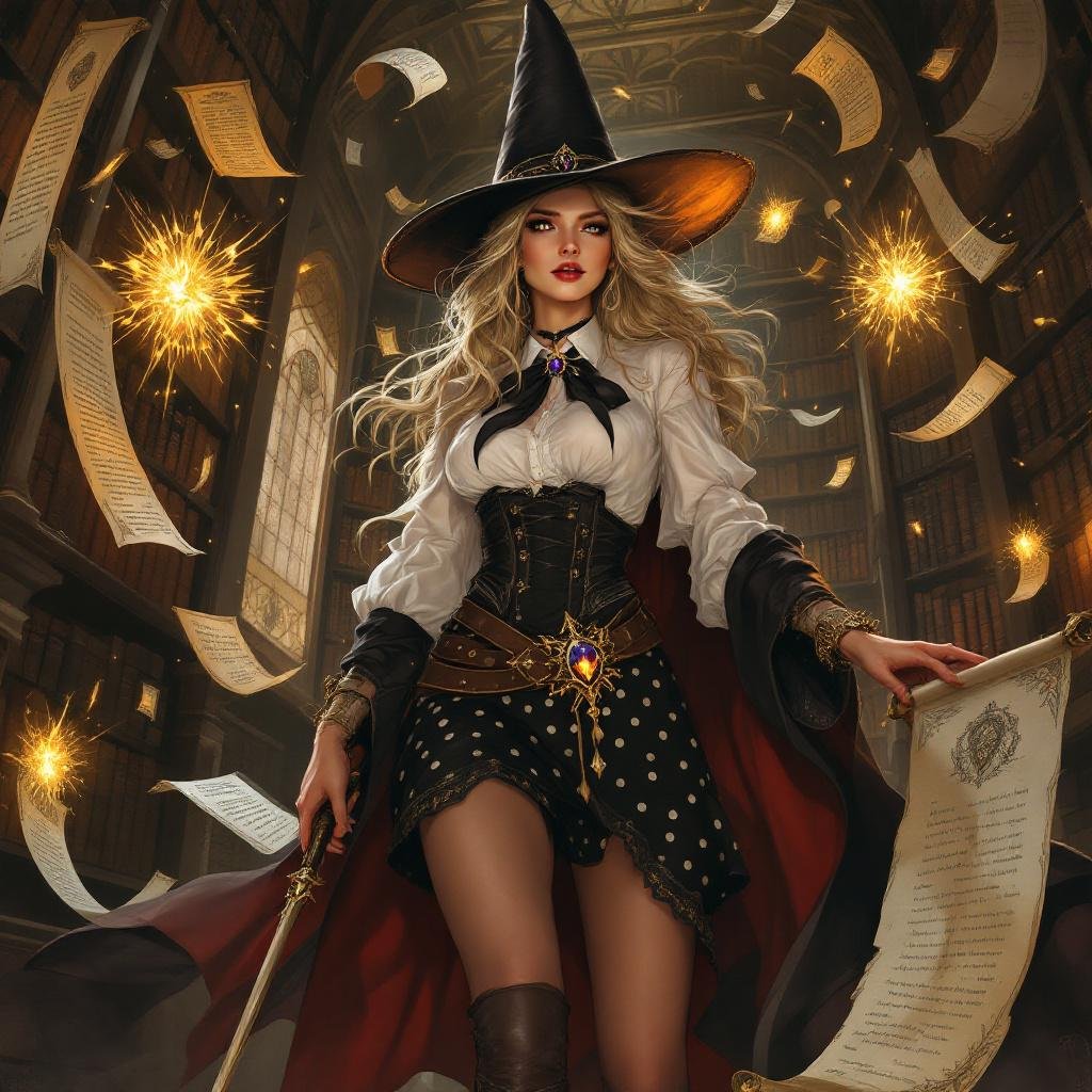 A full-body semi-realistic fantasy illustration of Mythanna Junedae, a High Elf Wizard of Abjuration, standing in a grand enchanted library as if preparing for battle. Towering shelves and glowing lanterns line the hall, but tomes and scrolls now float wildly around her in midair.
Mythanna’s stance is strong and commanding: legs planted apart, stockings and shin-high rune-stitched boots clearly visible. She holds her glowing Wand of Magic Missiles raised in one hand, and her other hand traces a circle of luminous abjuration runes in the air. Wards flare around her in golden light, forming protective circles and glowing shields.
Her appearance:
- Face and hair inspired by Barbara Palvin — soft but determined, brunette waves flowing with magical wind.
- White blouse with long sleeves, dramatic black bow tie, snug rune-stitched corset band.
- High-waisted skirt with bold black-and-white polka dots, sleek and fitted, cut mid-thigh.
- Dark stockings stopping just below the hem, leaving a teasing strip of bare thigh visible.
- Shin-high rune-stitched boots.
Signature items:
- **Hat of Wizardry** — tall, tilted, subtly patterned with arcane polka-dots, glowing runes swirling around it.
- **Pearl of Power** — glowing jewel at her throat beneath the bow tie.
- **Wand of Magic Missiles** — held aloft in one hand, glowing brightly as arcane missiles orbit it.
Her expression is no longer coy but fierce, her abjurist power on full display. The mood is dramatic fantasy: playful parody aesthetic still intact, but with genuine magical authority radiating through the glowing wards and floating tomes.