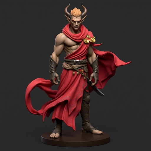 Create handsome hero Rhen the Fire – A lean, muscular man. He wears layered, flowing desert robes dyed in warm reds and golds, with scorch marks where flames have licked them. A curved blade hangs at his hip. Show whole body head to toe including her shoes.