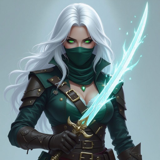 5’7 tall platinum hair almost white bright green eyes human keeps face covered 130 lbs Ghost form tattoo on right arm Duel wielding crystal rapier blades rouge pirate captain