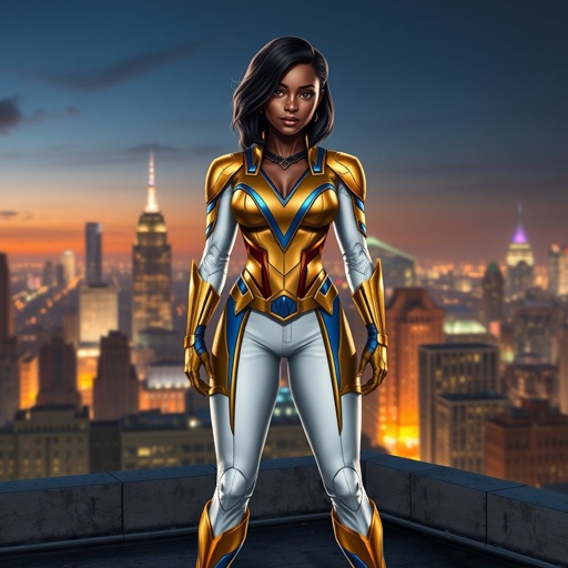 African American female superhero with shoulder length hair in a side part style wearing a slightly armored gold and white suit with blue accents with white pants and gold boots with a stylized V as her chest emblem standing ona roof in a Philadelphia at night