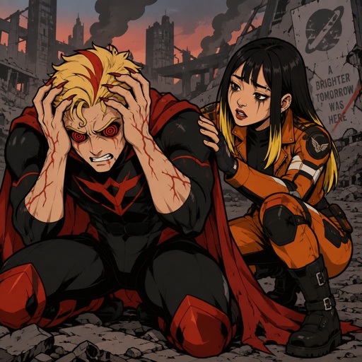 Male, blonde greased brushed back hair, neck length hair, curl on forehead, red streak in hair, scar on lip, red and black spiral eyes no whites, slim, superhero with chaos powers, cool outfit red, pointy ears, pointy fingers with red tips, red veins, Asian female with straight black neck length hair, yellow tips, side bangs on one side, eyebrow piercing, under eye mascara, ear piercing, motorcycle clothes orange, gloves, the guy is on his knees with his hands on his head in distress, the female is trying to talk to him to calm him down with an extremely worried look on her face, destroyed city background