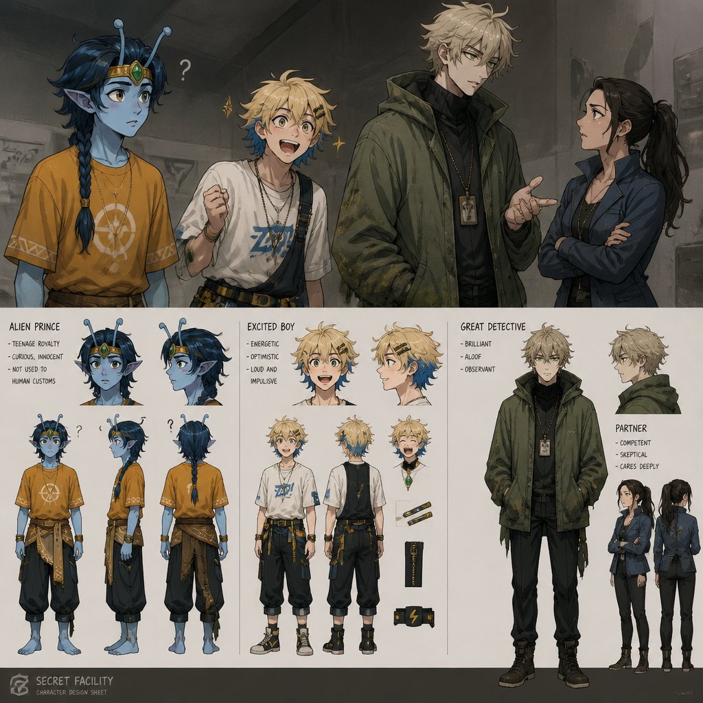 Group all of these characters together Anime Alien teenage prince with light blue skin and a slightly darker blue stripes, slim body brown eyes really dark blue hair messy and in a braid two antennae and sharp teeth small golden band around head with a green stone in the middle wearing an orange shirt, currently in a secret facility he is curious and confused He was taken in by a secret facility when they found him he is confused and a little scared he is also curious of the human world and ask lots of questions he doesn't answer to them about where he comes from or how he got there he only says that he just suddenly appeared on earth no other explanation which annoyed the people more he wants to get out and see more of the world but is not allowed to he has powers he could use but doesn't have full control and wants to show he is trustworthy and means no harm Anime male grandsons of the goddess of death,very excited boy with blonde hair and died blue tips hair styled with being up to neck length and one side having hair clips and his top hair is more bushed nice up his other side of hair being loosed with no hair clips and blue eyes casual clothes has the power of death and always looks at the good things in life When a friend or family member gets really extremely harm to possibly no return his dark side will come out his skin become gray his hair becomes full blue his tips a more dark blue his eyes become a bright shining yellow no pupils his sclera becomes black his powers become extremely strong very dangerous to be near him when he unleashes his full powers he will also have black swirls around him when this happens Anime Male great detective takes his job real seriously and is really good at it in his mid 20s with medium really crazy messy light blonde hair, tall thin, tied, strange green eyes wearing a baggy loose mossy green jacket tired face thinking hard about the crime scene and talking to his partner about it, partner looking annoyed at him but also concerned about him but also trying to take this case seriously they are talking about the crime scene and what could have happened and who would do this there all interacting with each other