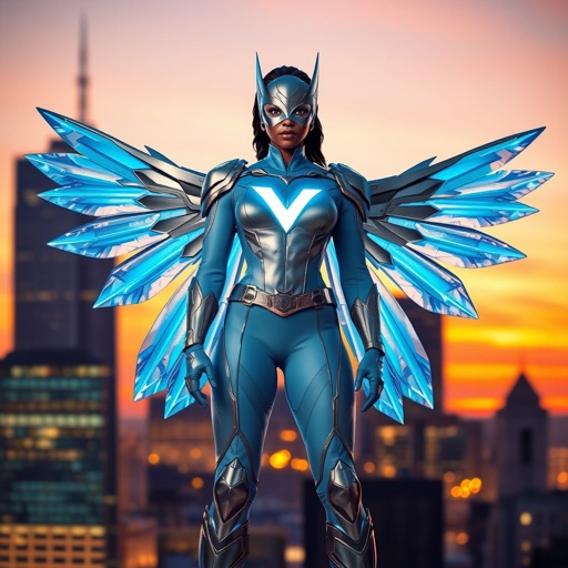 African American female superhero wearing a mask and a leather slightly armored light blue and silver suit with light blue pants and silver boots and a V as her chest emblem with crystal wings standing in Philadelphia at dusk
