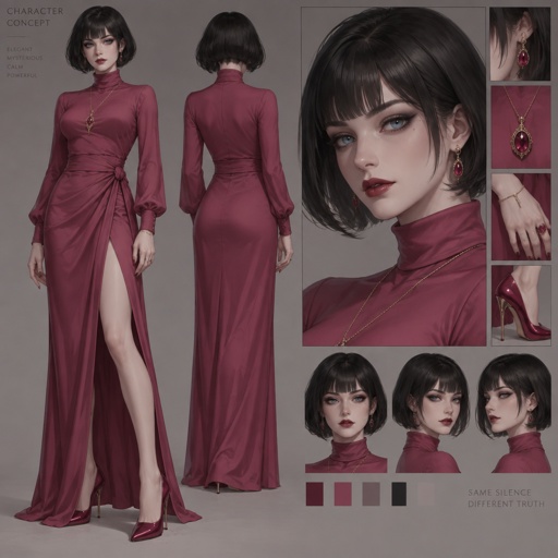 Female,tale,pale,beautiful,very call expression,mysterious,black hair French bob style,bright blue eyes, wearing a dark pink long turtleneck dress,high heels,eye liner,dark eye shadow,red lips,wearing jewelry