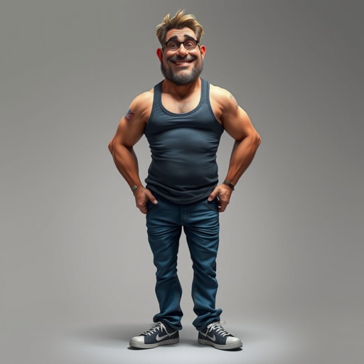 Create a funny looking man who’s jeans and tank top is so tight head to toe