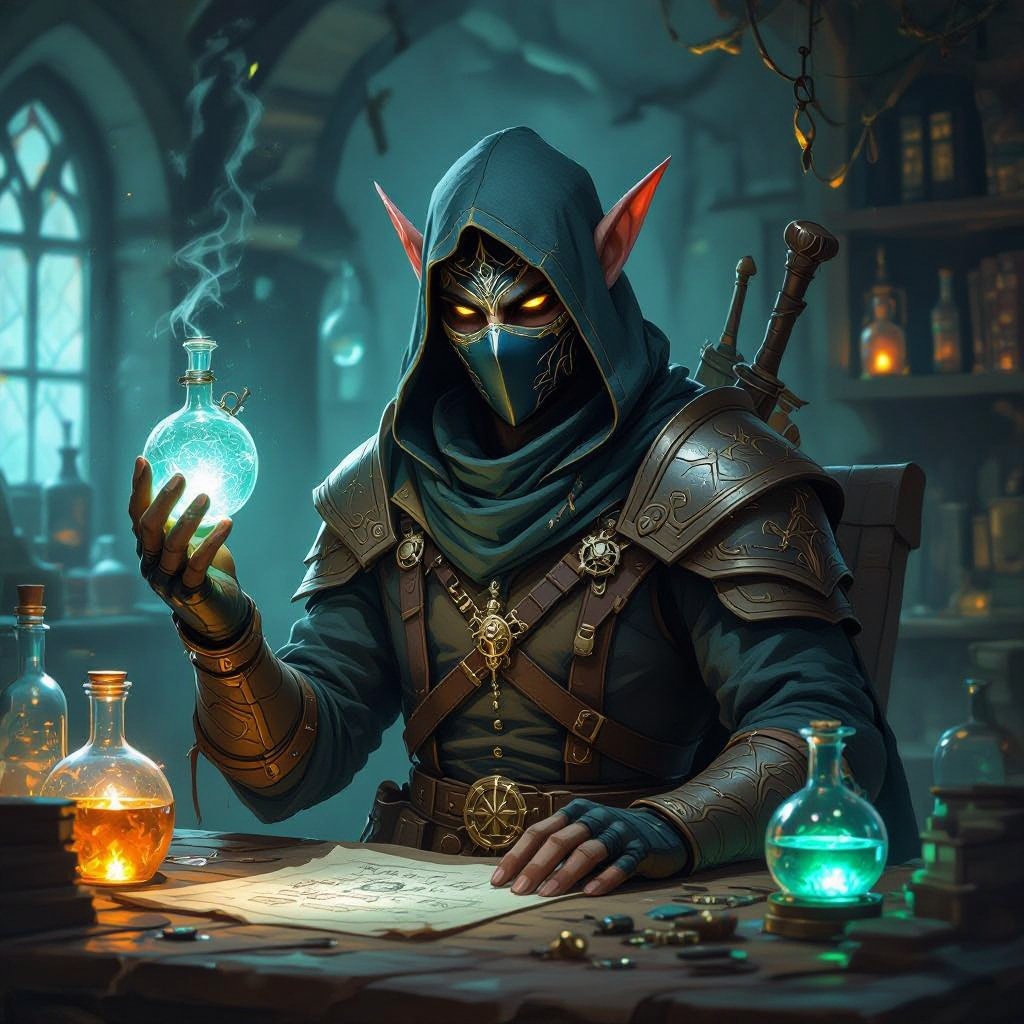 male masked half wood elf artificer alchemist 