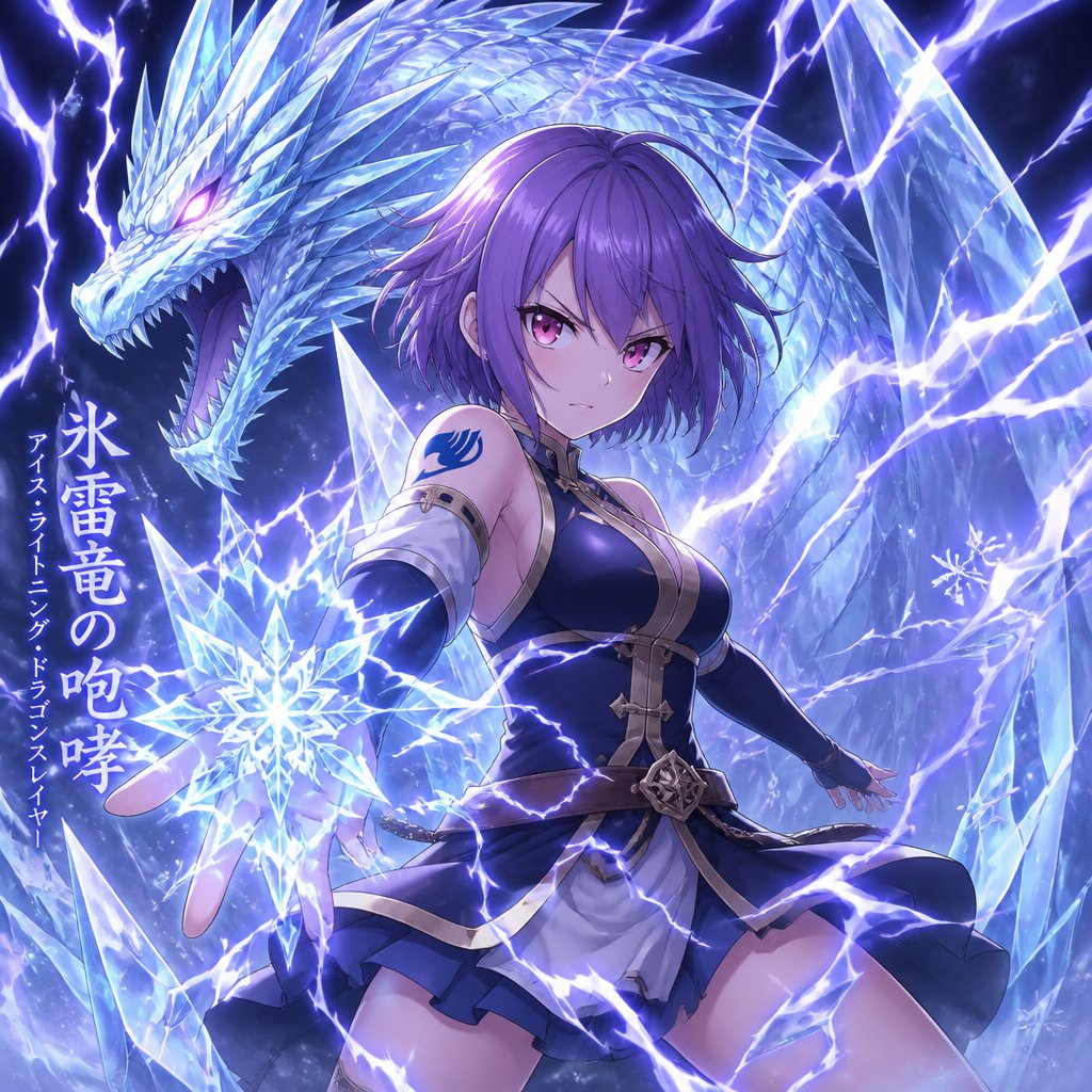 Adult girl with short violet hair and pinkish eyes with a ice lightning dragon slayer magic from the anime fairy tail