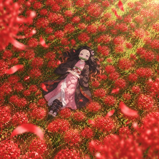 a woman laying in a field of red flowers
