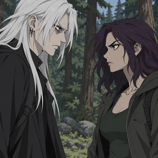 Anime style, male, name kai, highly skilled in fighting all fighting styles and weapons, long long white hair half in face, dark bags, white skin,earrings, history unknown, Female, name is Beth, medium wavy dark purple hair, gray eyes, short, open jacket with a dark green shirt, she is a Bounty Hunter for hire, there fighting in the woods looking at each other Beth with and angry face and Kai with a serious face both are glaring Beth says “it be easier if you just come with me”Kai small chuckle “do you think I’d be willing to give up,I prefer to have freedom 