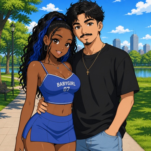 I want a  picture of an African American girl with black and blue hair In the back in a blue crop top and a mini skirt with big boobs and ass and white with a quarter Mexican boy with  black  hair  with a mustache together and there at a park 