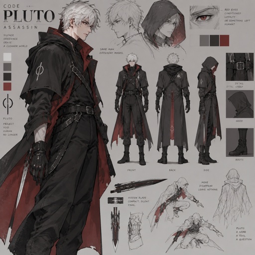 assassin name code pluto, copy cat, copy and paste ability, white hair red on the inside, male