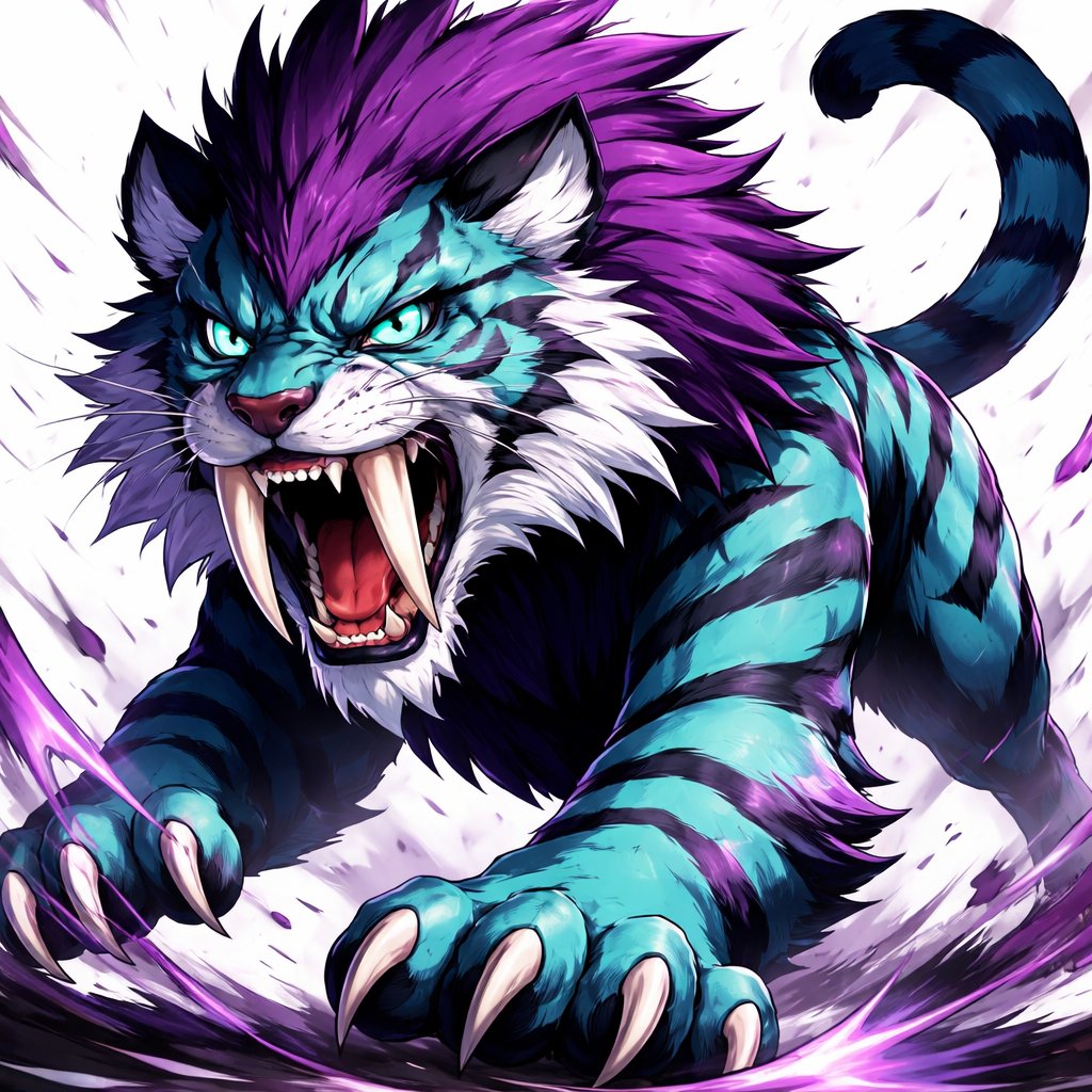 A teal, purple, and black saber tooth tiger