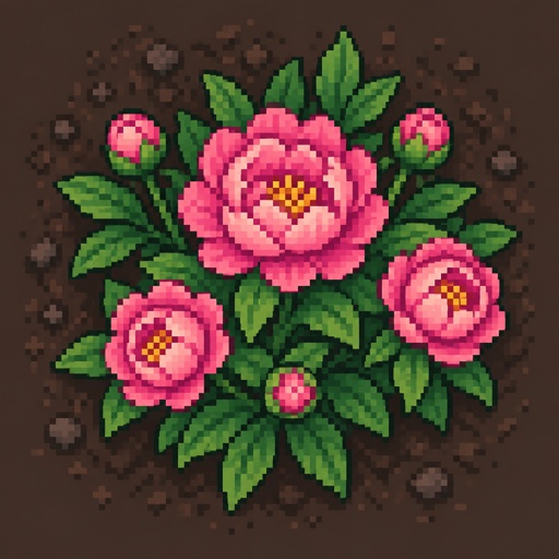 Single Peony plant for a fantasy game set in modern times, top-down style,