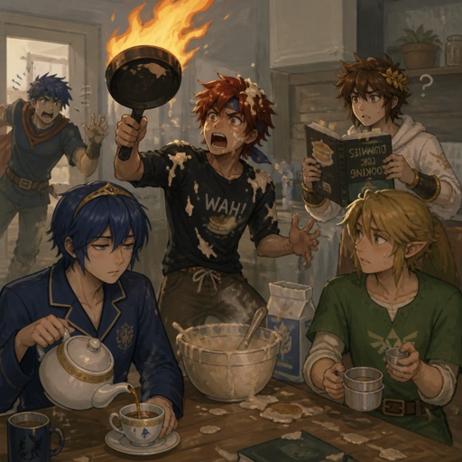 Super smash brothers link from legend of Zelda, pit from kid Icarus, Marth from fire emblem,Roy from fire emblem, Marth is in pajamas there trying to make breakfast Roy in casual clothes accidentally got pancake batter on himself holding frying pan that caught on fire saying "crap, crap, marth what do I do!" link trying to figure out which measuring cup to use casual clothes, pit trying to read the cookbook but it's upside down and he can't read wearing casual clothes, Marth wearing his pajamas making himself some tea with a tired face expression Marth sleepily replies to Roy saying "Hu you talking to me?" Ike from fire emblem wearing casual clothes runs in the kitchen with a freaked out face expression saying "what are you guys doing!"