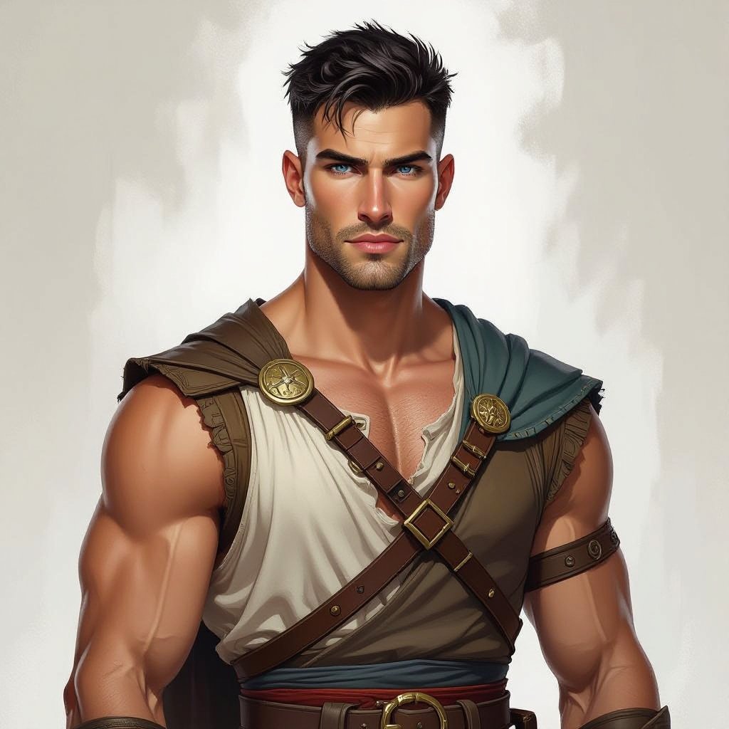 Mężczyzna. Wysoki o muskularnej budowie. Obcięty na jeżyka ciemne włosy. wygolone boki na zero. Włosy ulizane na bok. Delikatny zarost. Mocna budowa ciała. Orli nos. Pyzata twarz. Wąskie usta i jasne niebieskie oczy. Sportowiec. Ubrany w koszulkę bez rękawów zasłaniającą brzuch