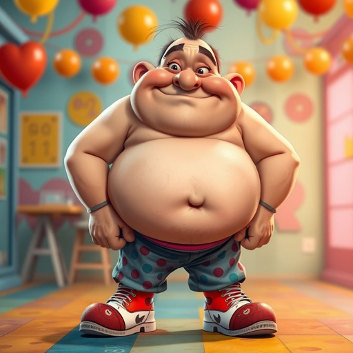 Create a adult character head to toe and funny shoes on. who is chunky , funny looking but swears he’s a lover boy.