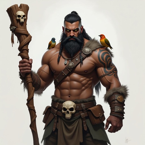 Kael the Beastbound – A rugged, broad-shouldered man with black skin and a rough beard, wearing armor made from bone and leather. deep green eyes tattoos of animal tracks spiral down his arms. He carries a massive wooden staff carved with the shapes of beasts, and small creatures often perch on his shoulders or follow at his feet.