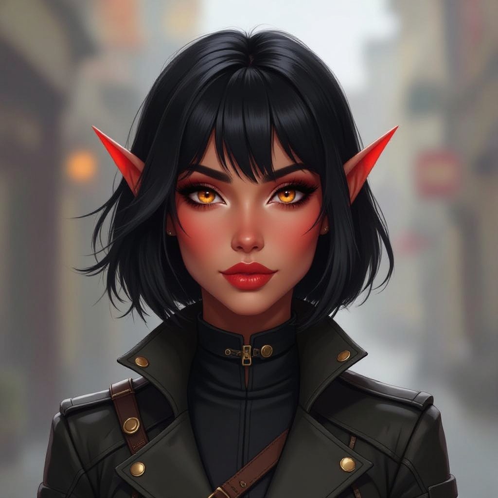 A female tiefling with short black hair in a bob cut with bangs has red skin and orange eyes, tiefling rogue, female tiefling, red skinned female, female with black hair, female with orange eyes, tiefling female, female rogue, dnd rogue, dnd female. MUST HAVE RED SKIN