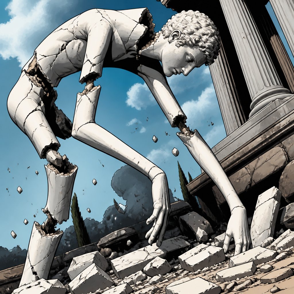 Highly realistic, no print dots vivid colours i’m broken white statue of a bent over man long long limbs in pieces white marble scattered all over