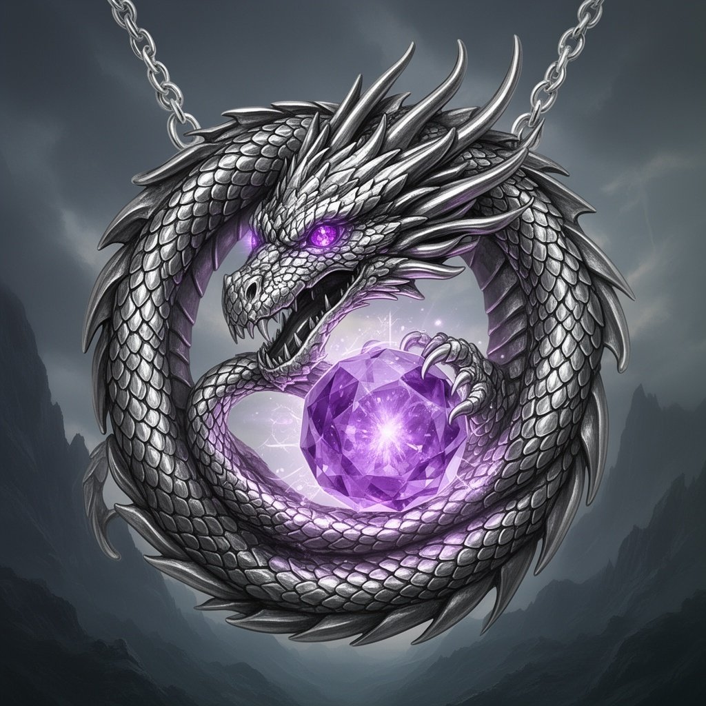 Silver necklace with a dragon curled around the center. The dragon has amethysts as its eyes.
