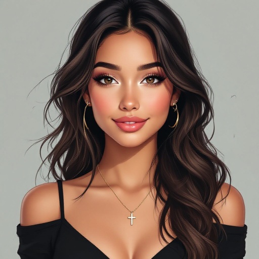 Young Latina women, long wavy hair (pulled half up), ear piercings, soft emotional smile, cold shoulder black dress, scar over one eyebrow, cross necklace