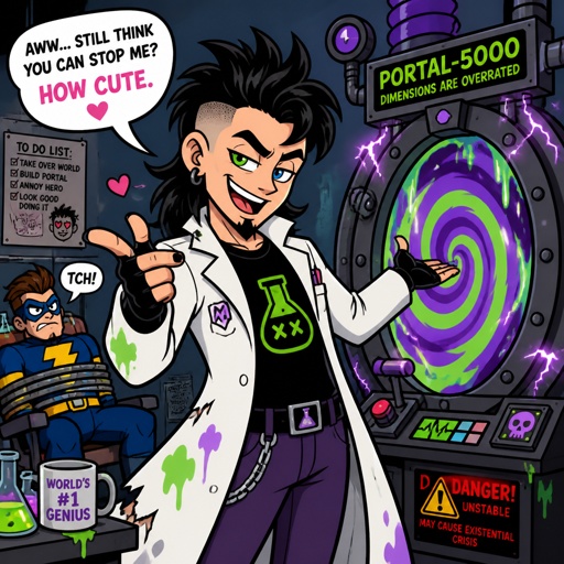 Villain mad scientists, lab coat, looks like a mess,very flirty, hair style called "I've never seen a hair brush in my life" Modern Mullet Fade would rather die than be saved by the hero, "I don't need one for I AM a weapon of mass destruction, likes to mess with the hero teasing them, has invented machines that lead to portals ,two different eye colors